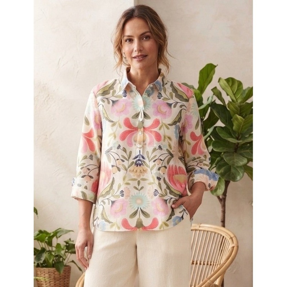 Women's Floral 3/4 Sleeve Button Down Top XL Botanical Tunic Colorful Vacation